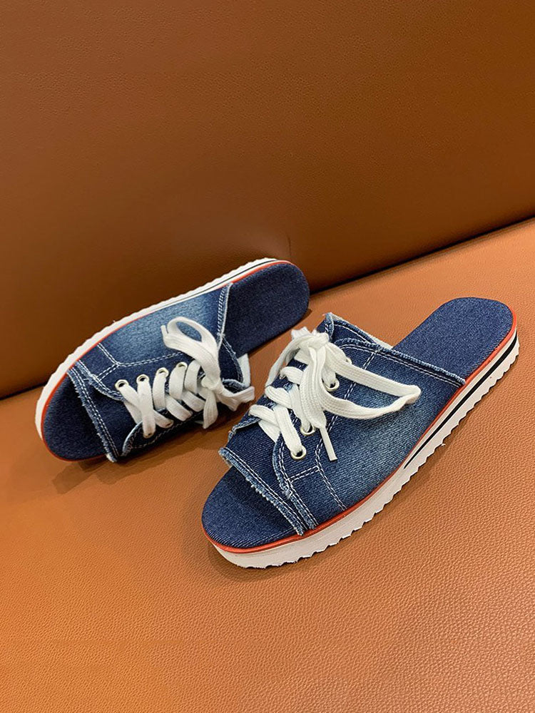 Lace Up Denim Flat Slippers