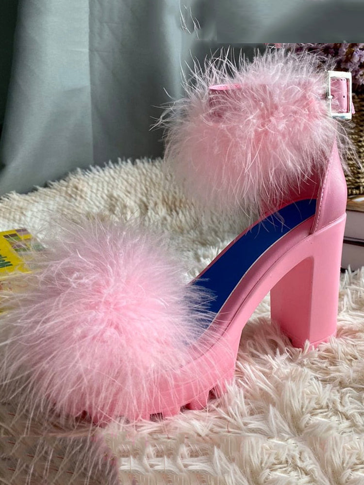 Furry Chunky Heel Sandal