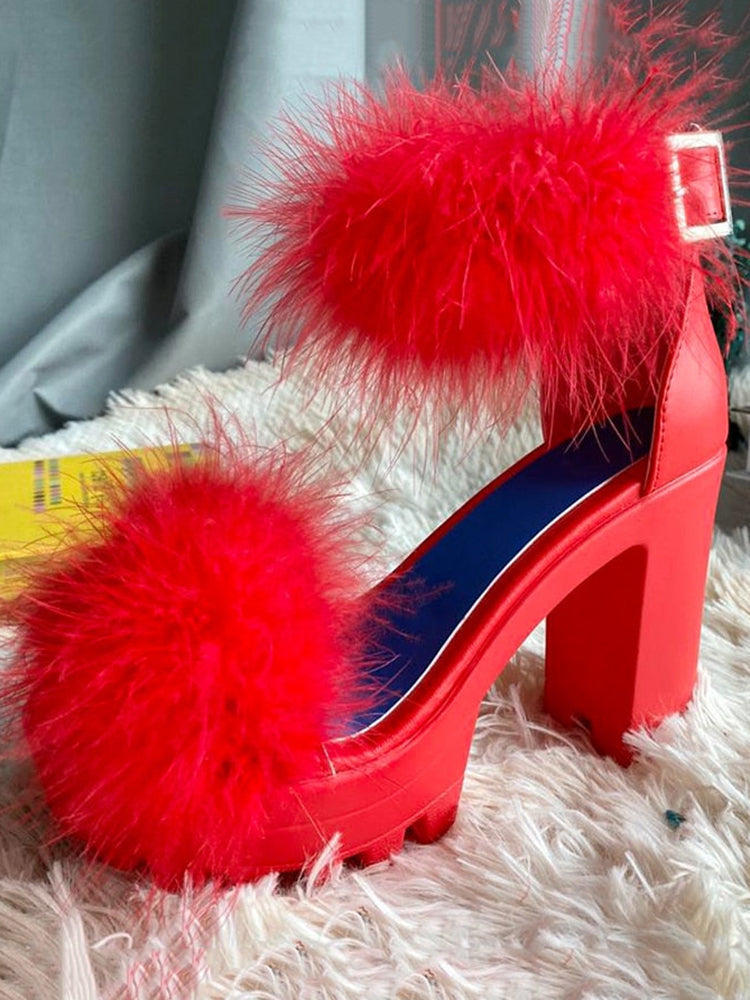 Furry Chunky Heel Sandal