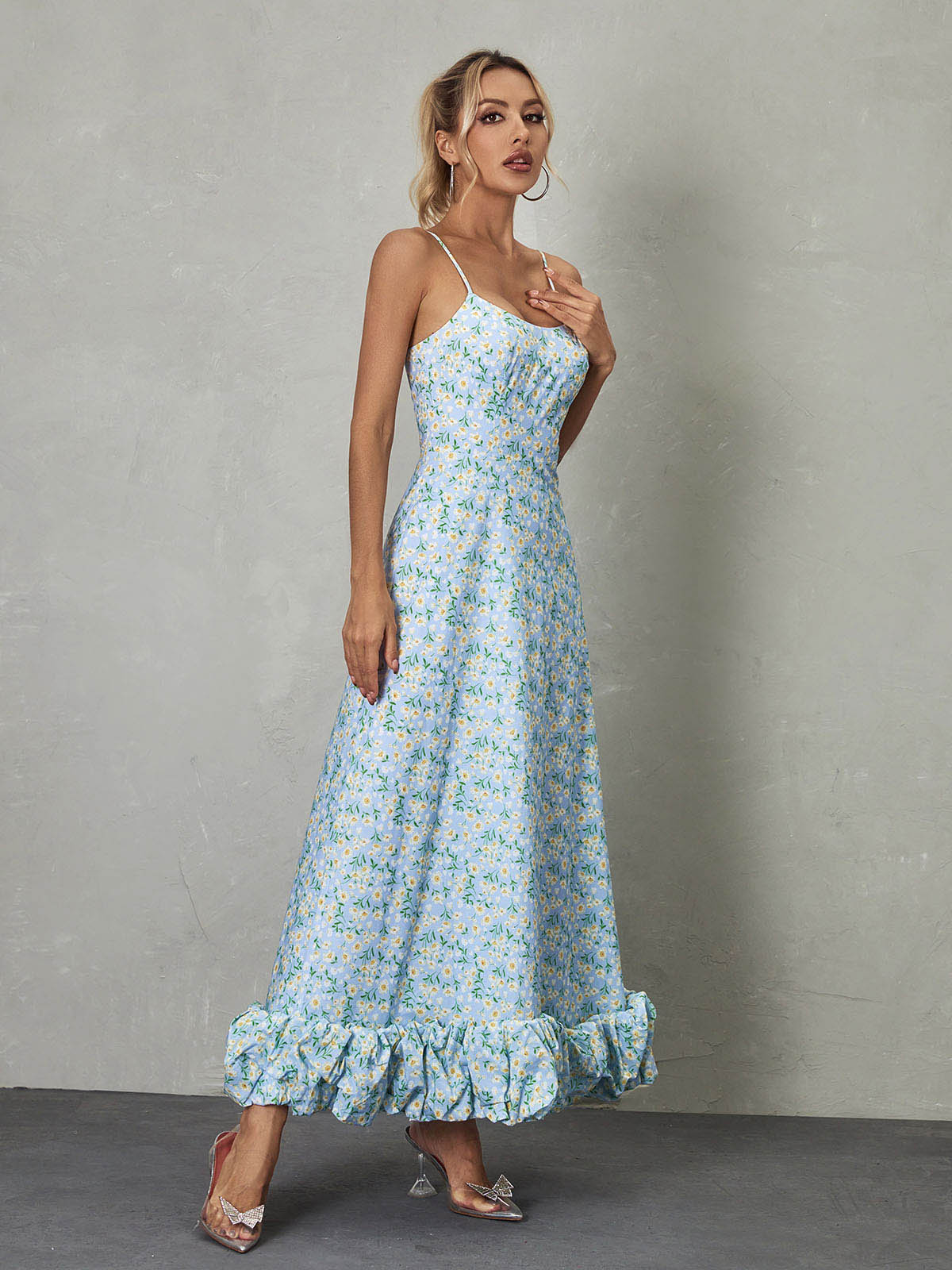 Ilsa Spaghetti Floral Maxi Dress In Blue