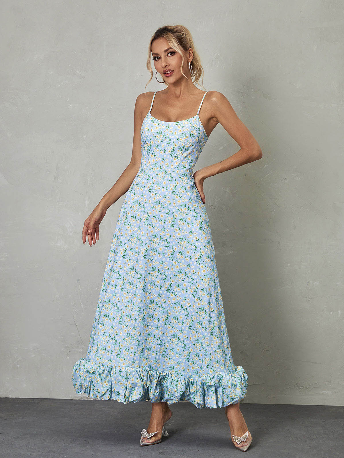 Ilsa Spaghetti Floral Maxi Dress In Blue