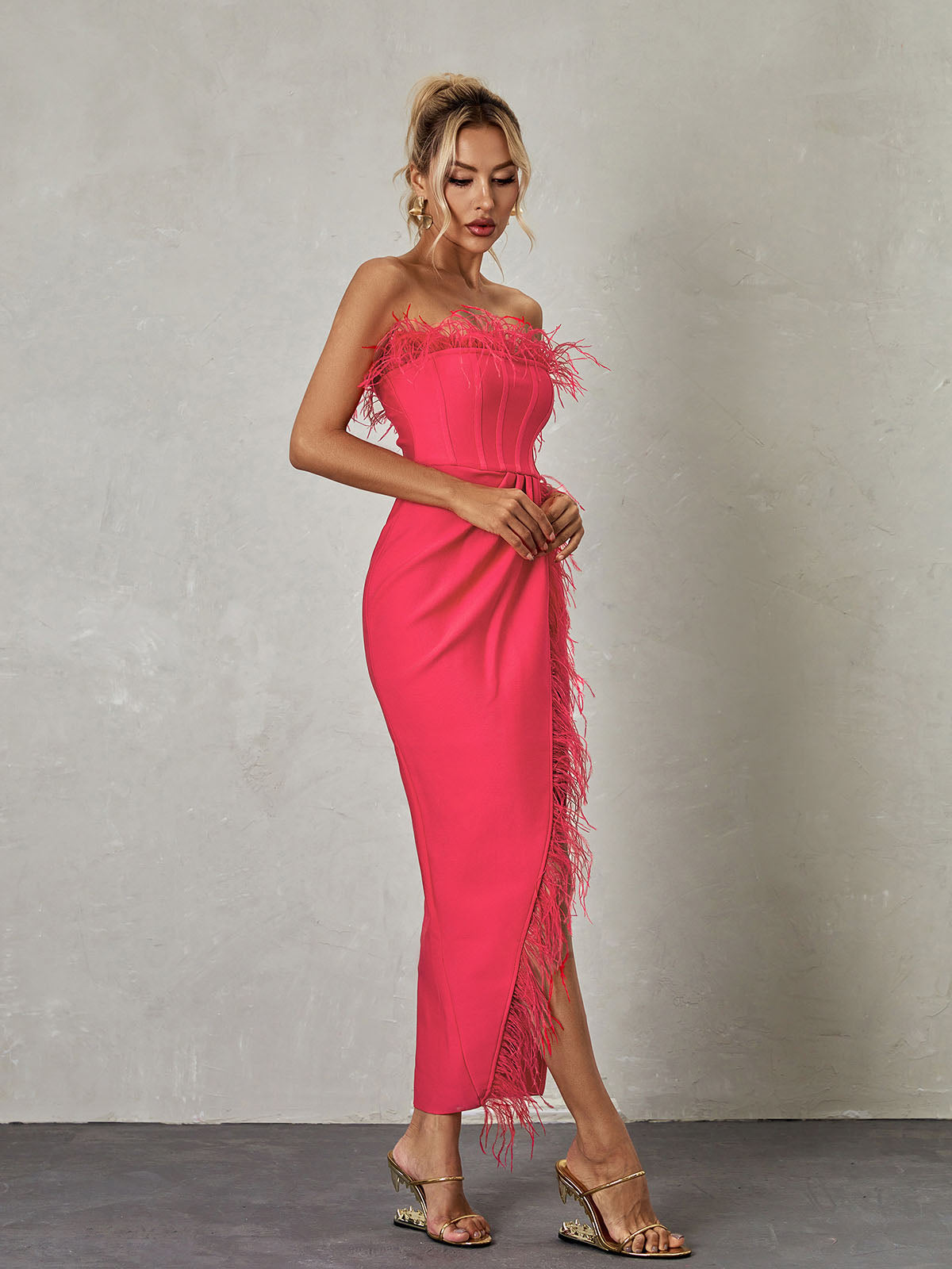 Iyra Strapless Feather Bandage Dress In Hot Pink