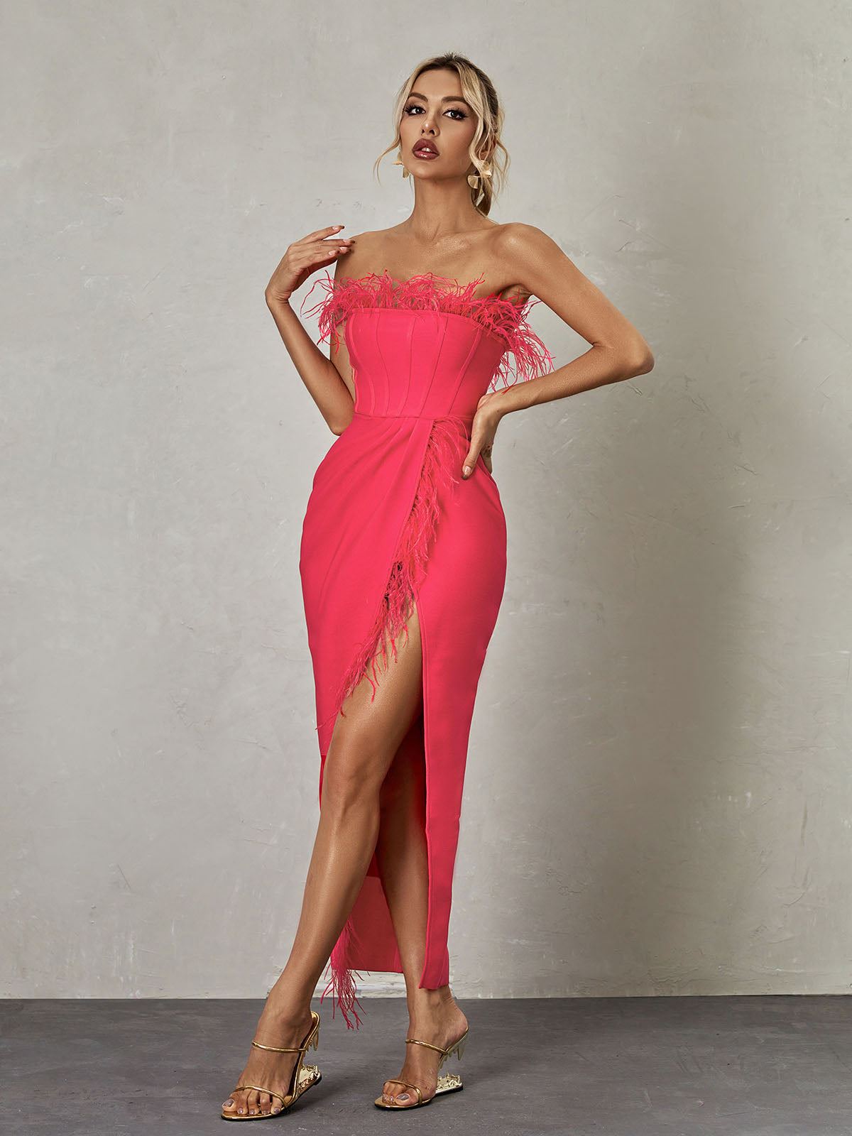 Iyra Strapless Feather Bandage Dress In Hot Pink