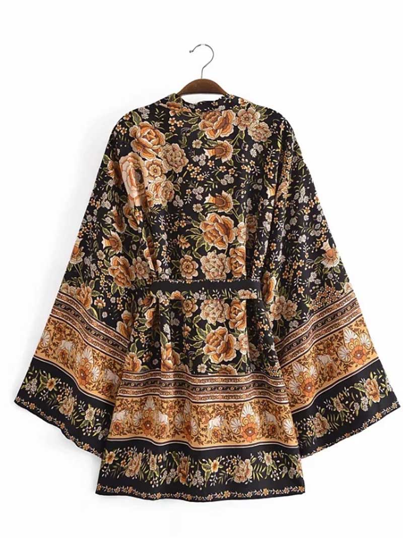 Short Length Floral Print Black Color Cotton Gown Kimono Duster Robe