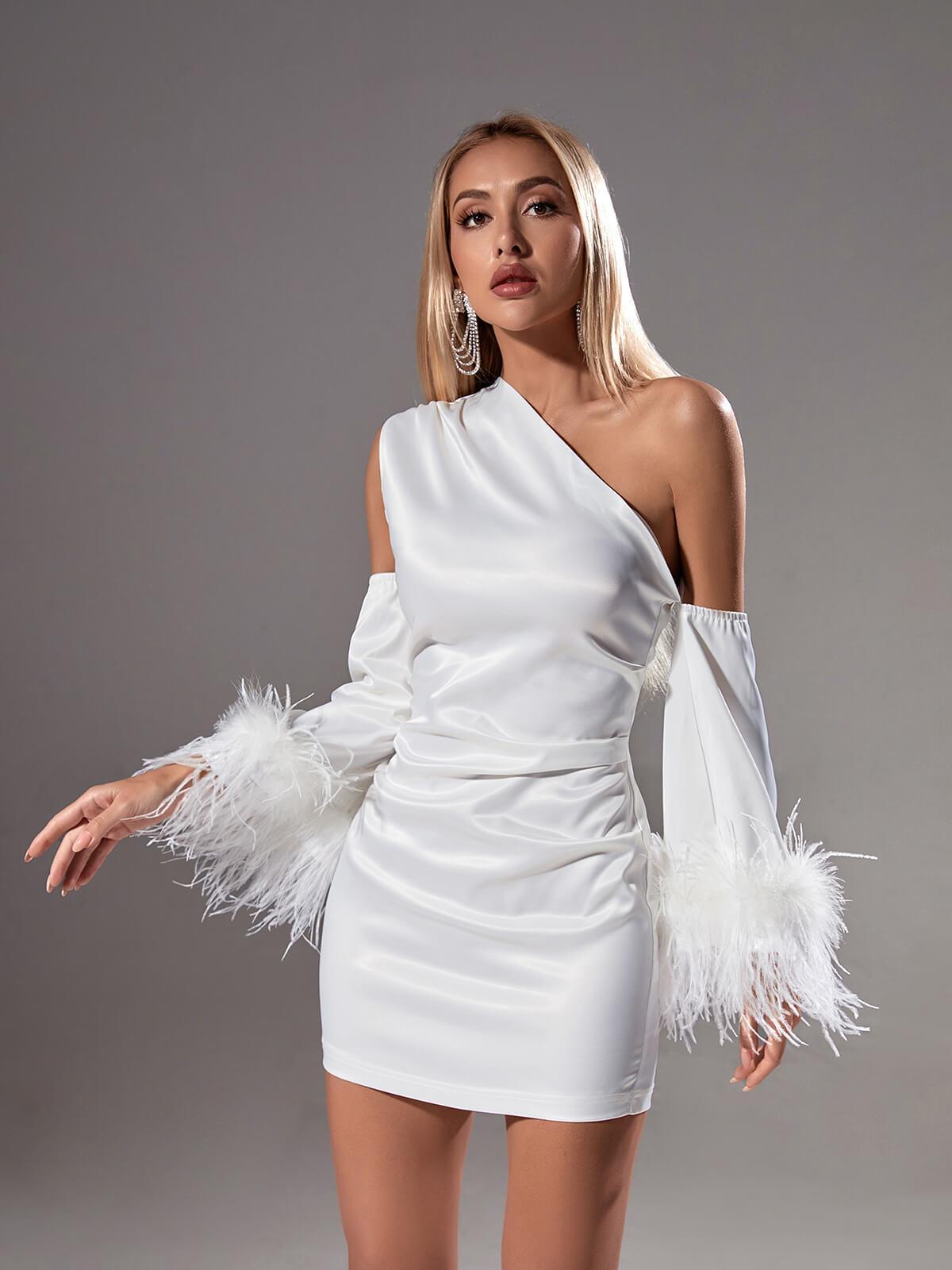 Klara Satin Feather Trimmed Mini Dress In White