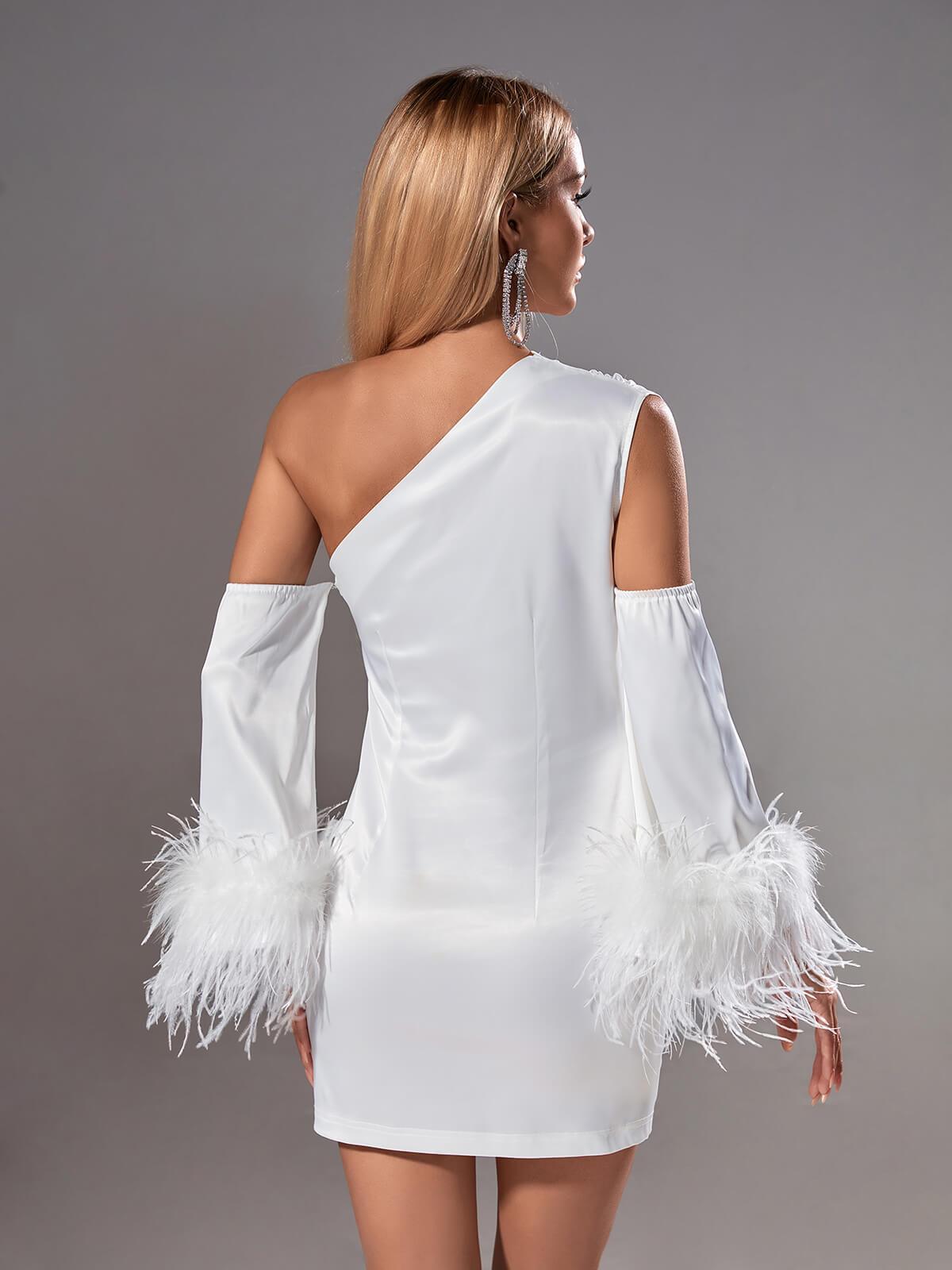 Klara Satin Feather Trimmed Mini Dress In White