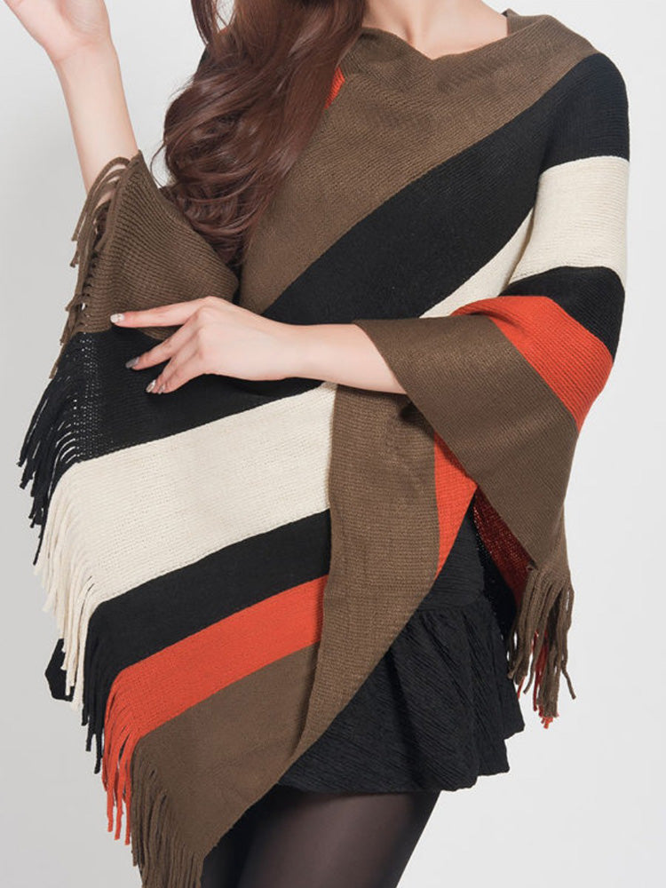 Knitted Striped Tassel Poncho