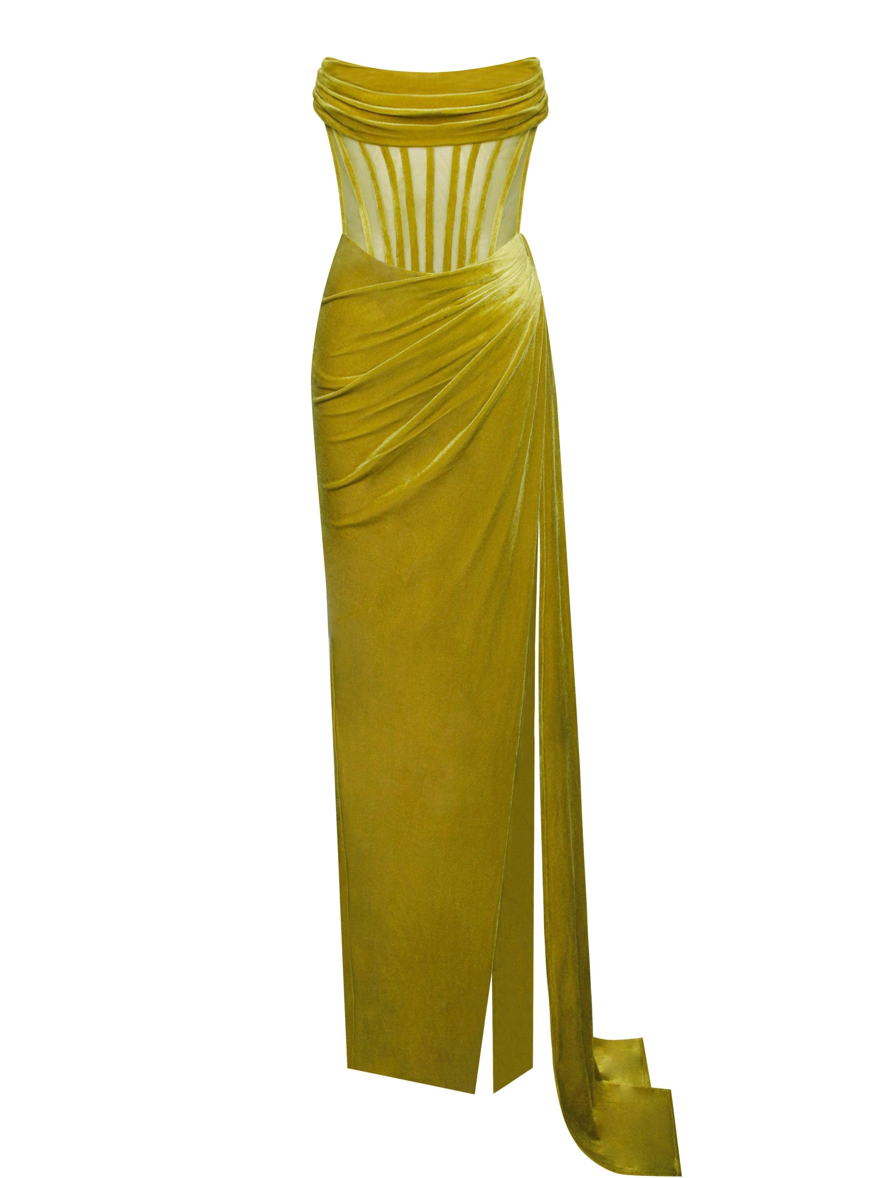 Leilani – Maxikleid mit Korsett-Schlitz in Gold 