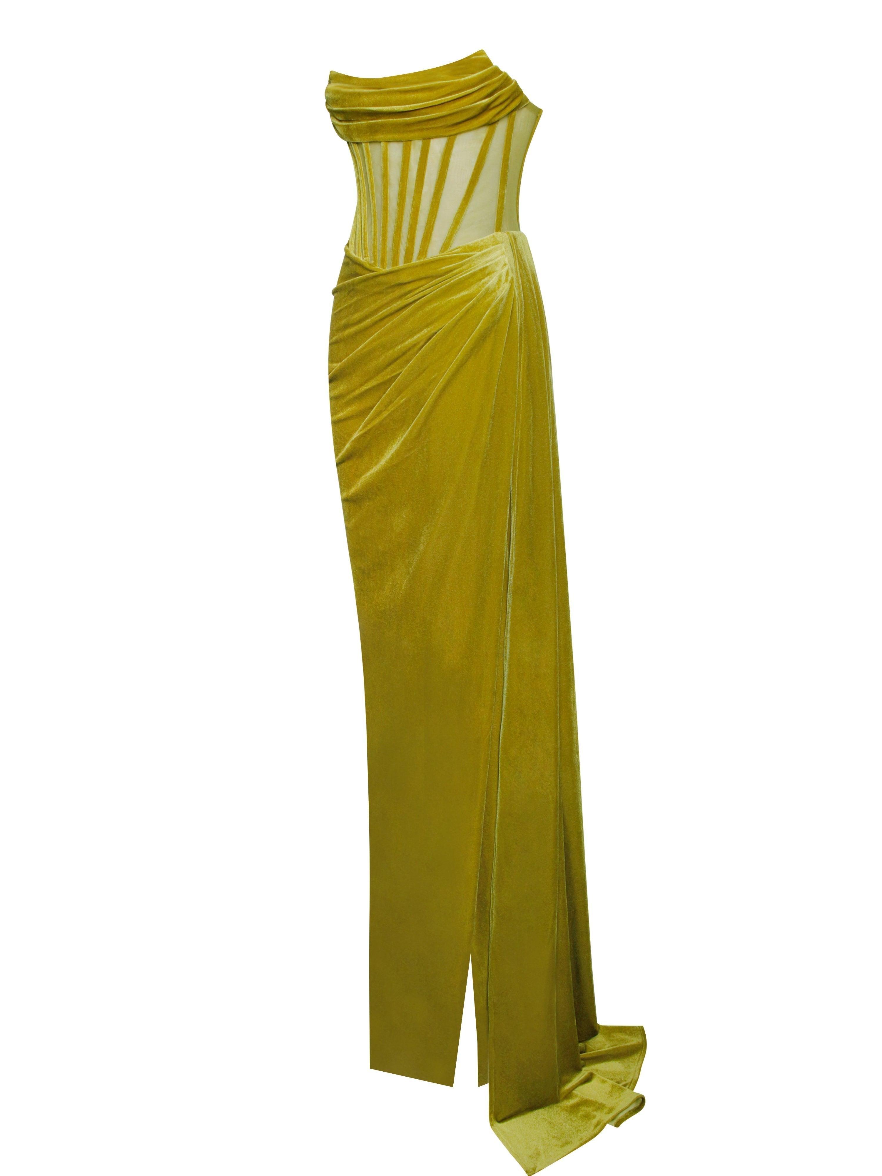 Leilani – Maxikleid mit Korsett-Schlitz in Gold 