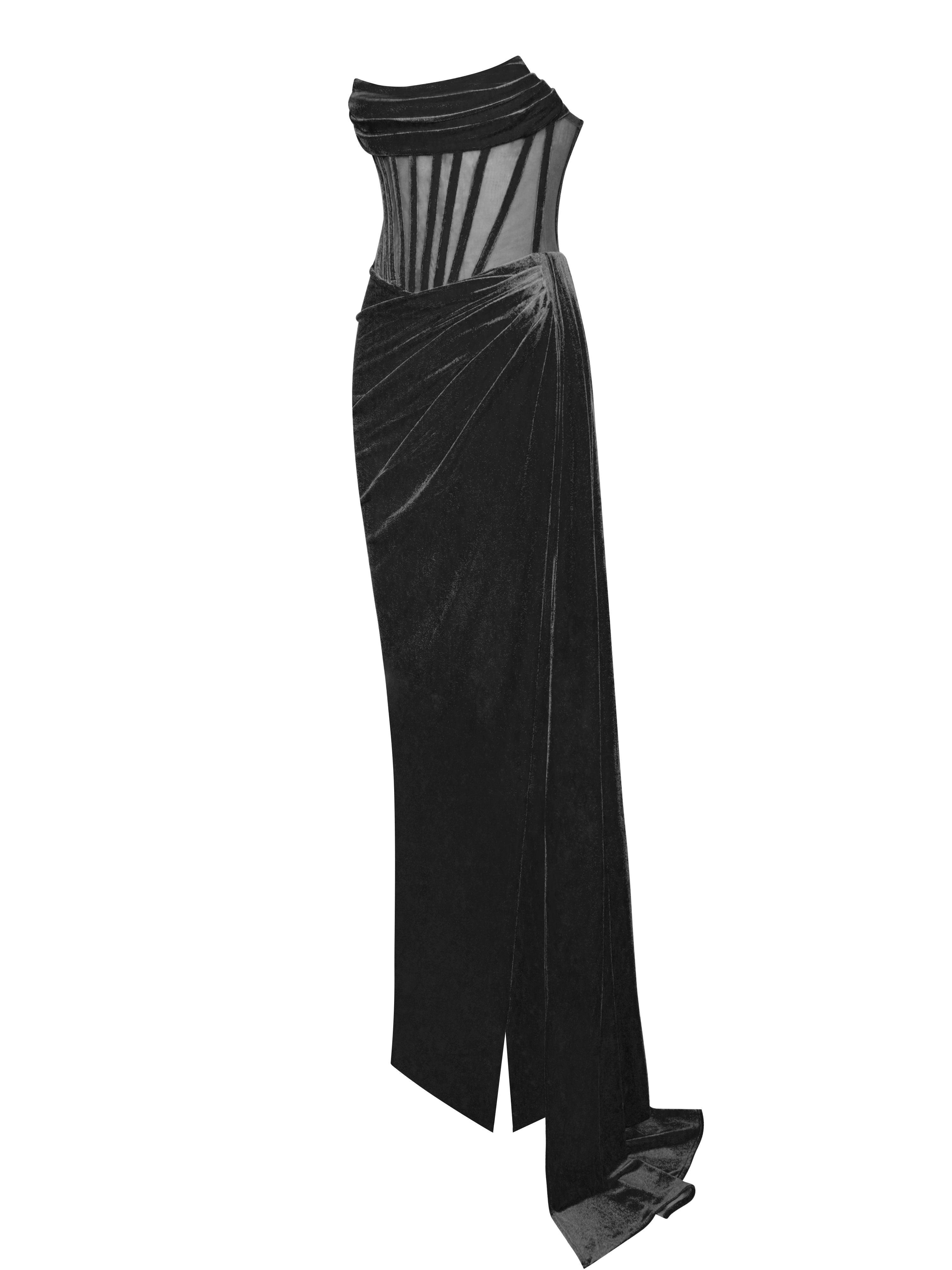 Leilani – Schwarzes Maxikleid mit Korsett-Schlitz