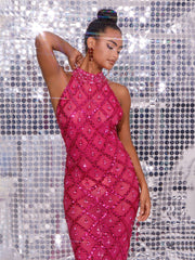 Liora – Maxikleid mit Pailletten und Kristallen in Pink 