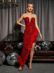 Lois Strapless Sequin Feather Trimmed Maxi Dress In Red