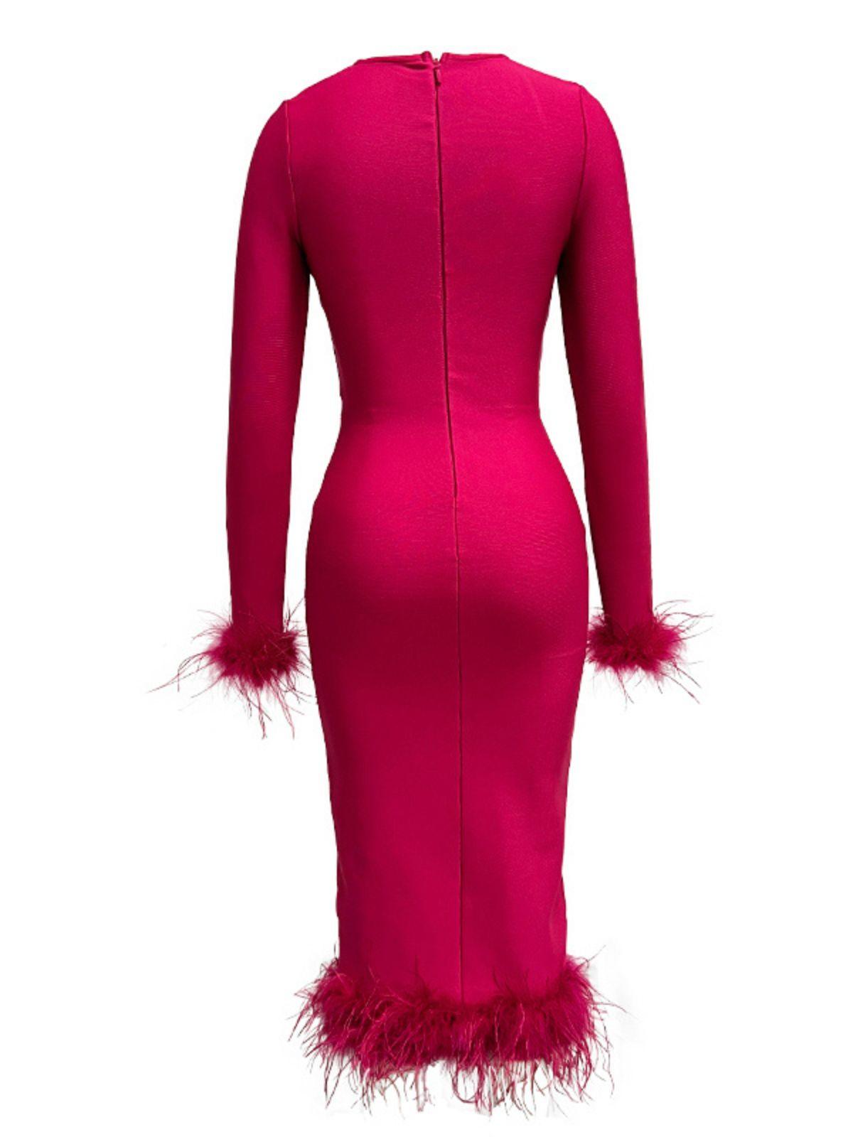 Madeline Long Sleeve Feather Bandage Dress In Hot Pink