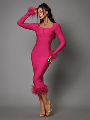 Madeline Long Sleeve Feather Bandage Dress In Hot Pink