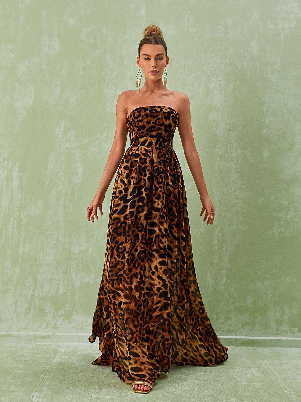 Vestido largo sin tirantes con estampado de leopardo de Malou 