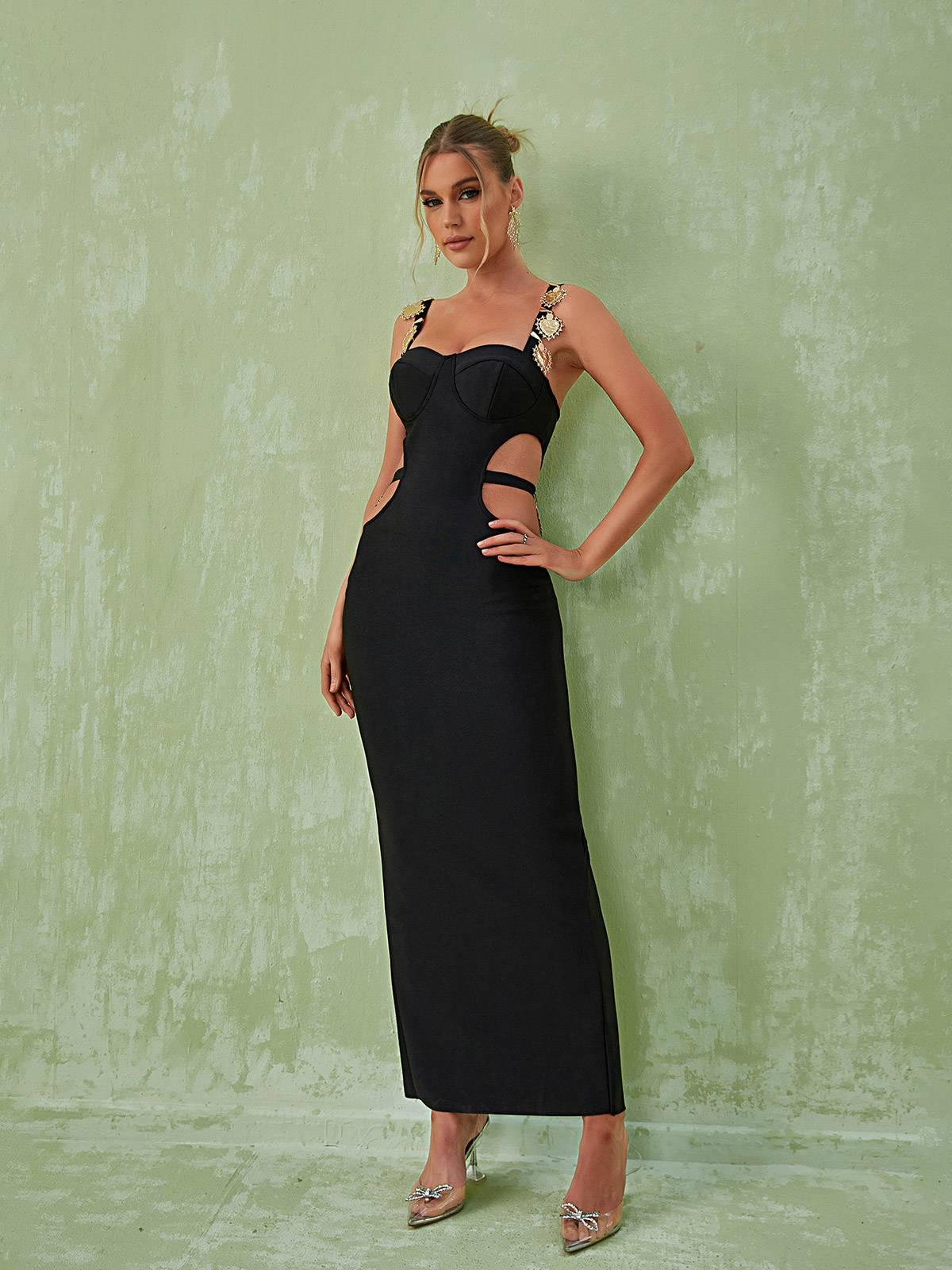 Margaux – Verziertes Maxikleid mit Cut-outs in Schwarz 