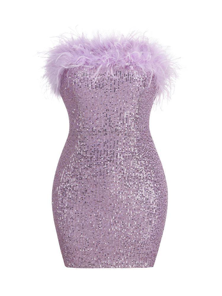 Vestido mini violeta con lentejuelas y plumas sin tirantes de Marin 