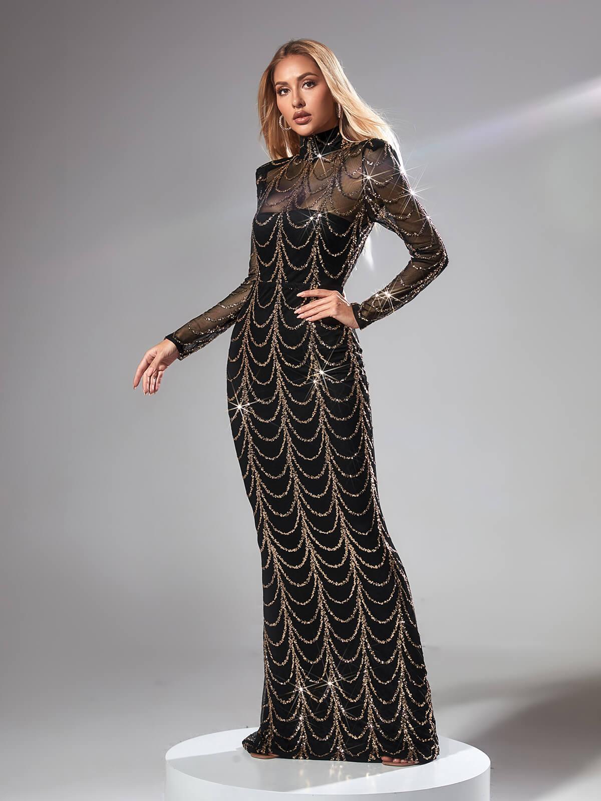 Melisande Long Sleeve Sequin Maxi Dress In Black – Fiel Shop
