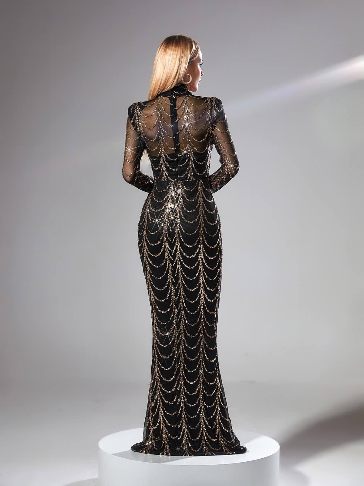 Melisande Long Sleeve Sequin Maxi Dress In Black