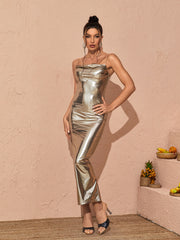 Moana Spaghetti Metallic Midi Dress In Gold