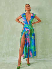 Monique Plunge Neck Split Printed Dress