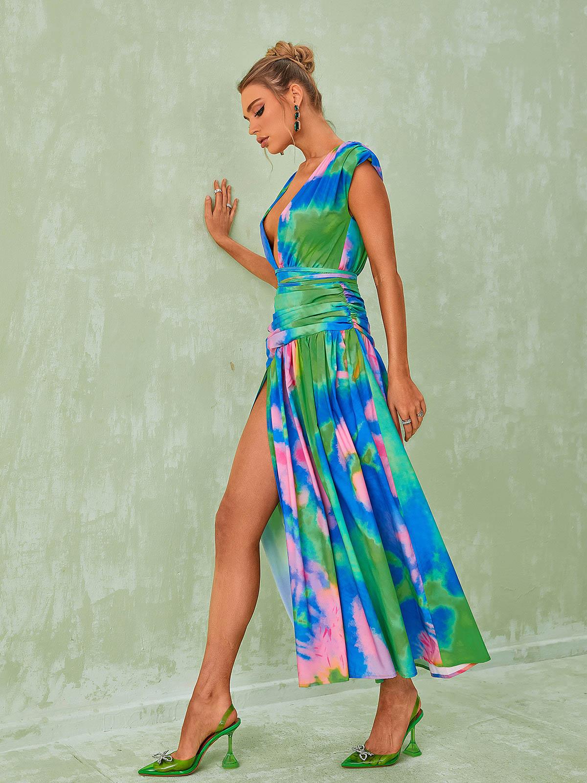 Monique Plunge Neck Split Printed Dress