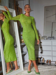 Vestido midi verde de manga larga con cristales de Neriah 