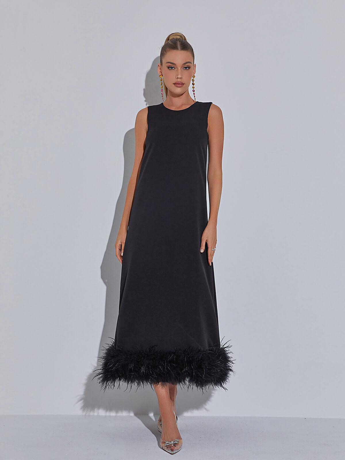 Vestido midi de plumas Nisha en negro 