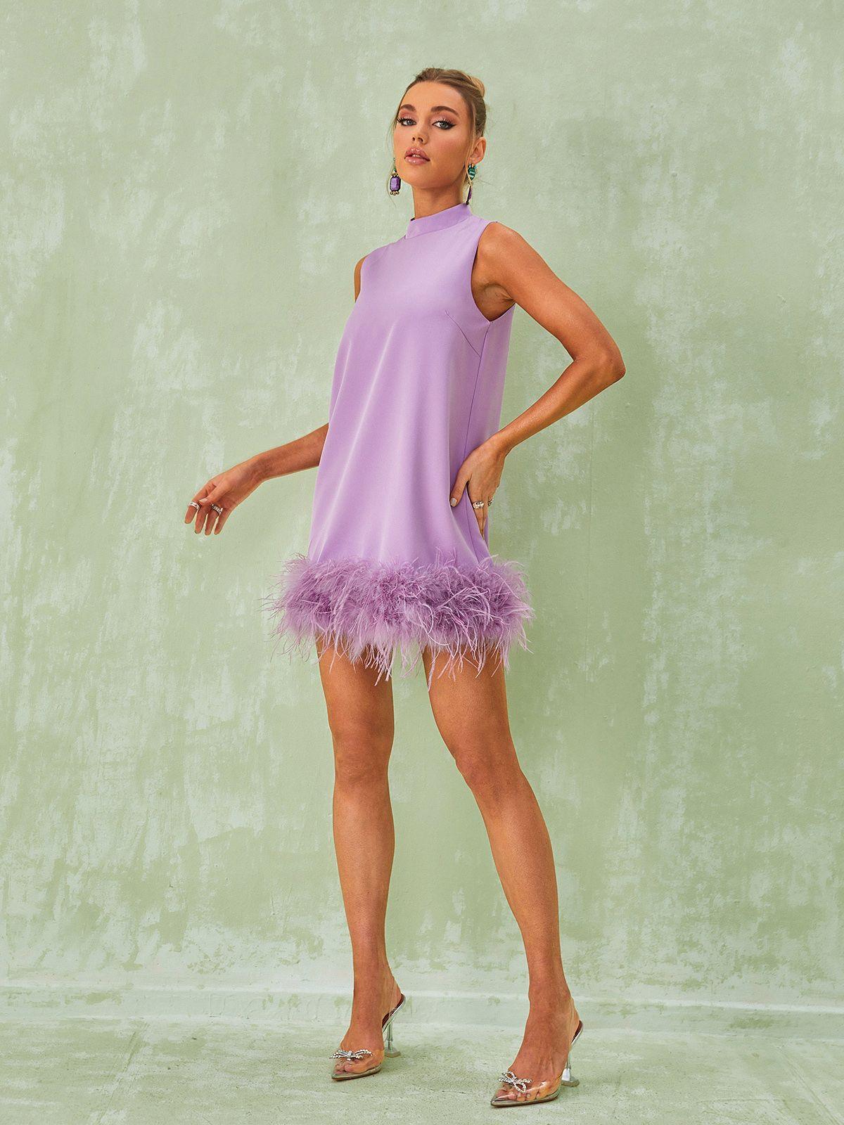 Nisha Feather Mini Dress In Lilac