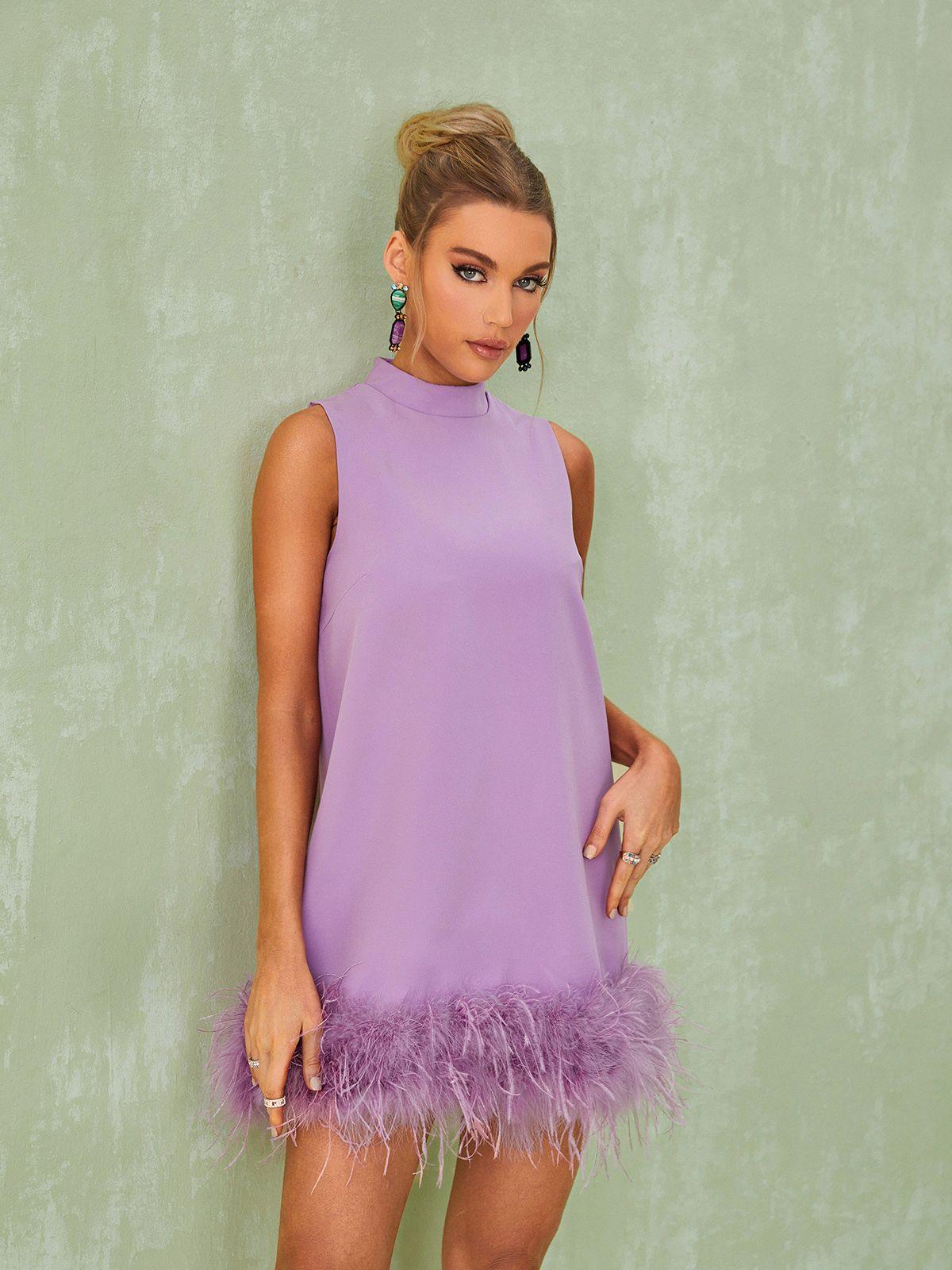 Nisha Feather Mini Dress In Lilac