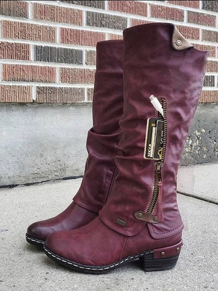 Zipper PU Leather Boots