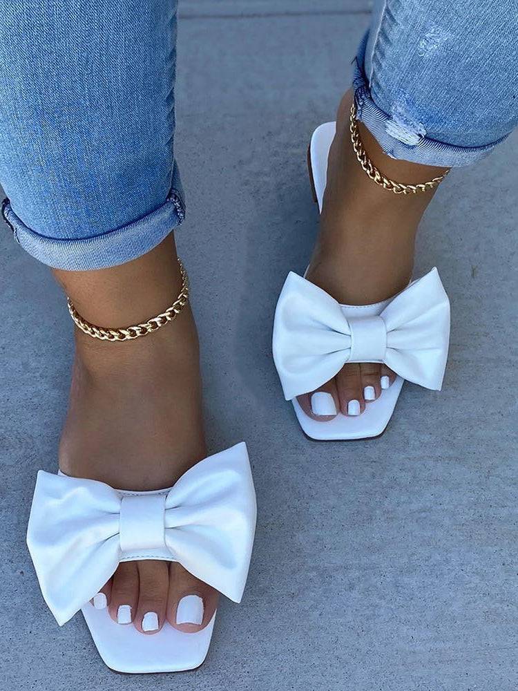 Bowknot Decor Square Toe Flat Slippers