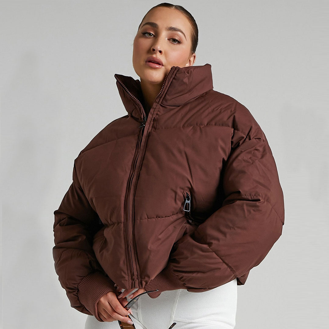 Stand Collar Side Pocket Zip Front Long Sleeve Puffer Jacket - Coffee