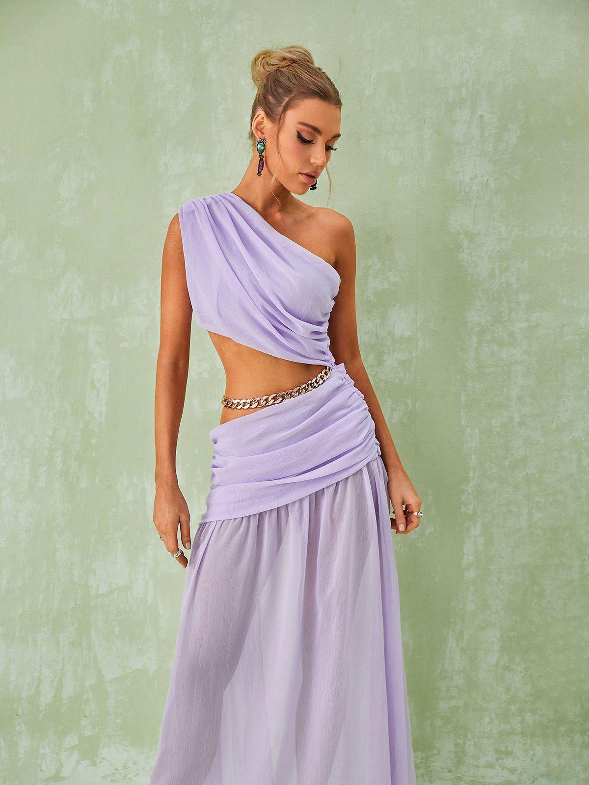 Psyche – Maxikleid mit One-Shoulder-Träger und Kette in Lavendel 