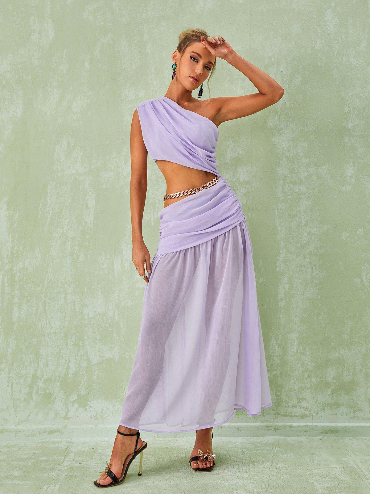 Psyche – Maxikleid mit One-Shoulder-Träger und Kette in Lavendel 