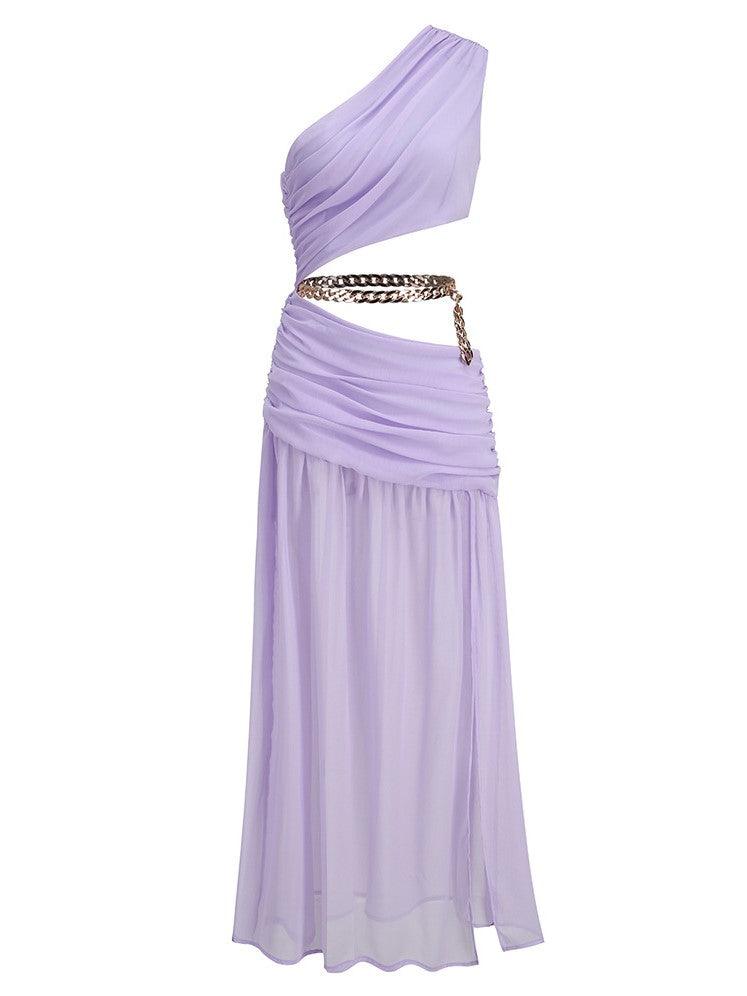 Psyche – Maxikleid mit One-Shoulder-Träger und Kette in Lavendel 