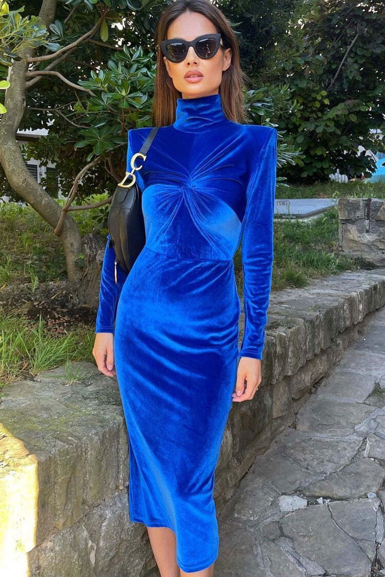 Vestido midi elegante de terciopelo con cuello alto y mangas largas retorcidas para cóctel - Azul rey