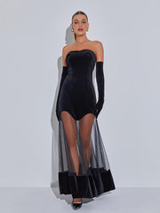 Rena Strapless Velvet Mesh Maxi Dress