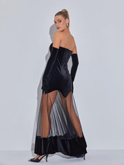 Rena Strapless Velvet Mesh Maxi Dress