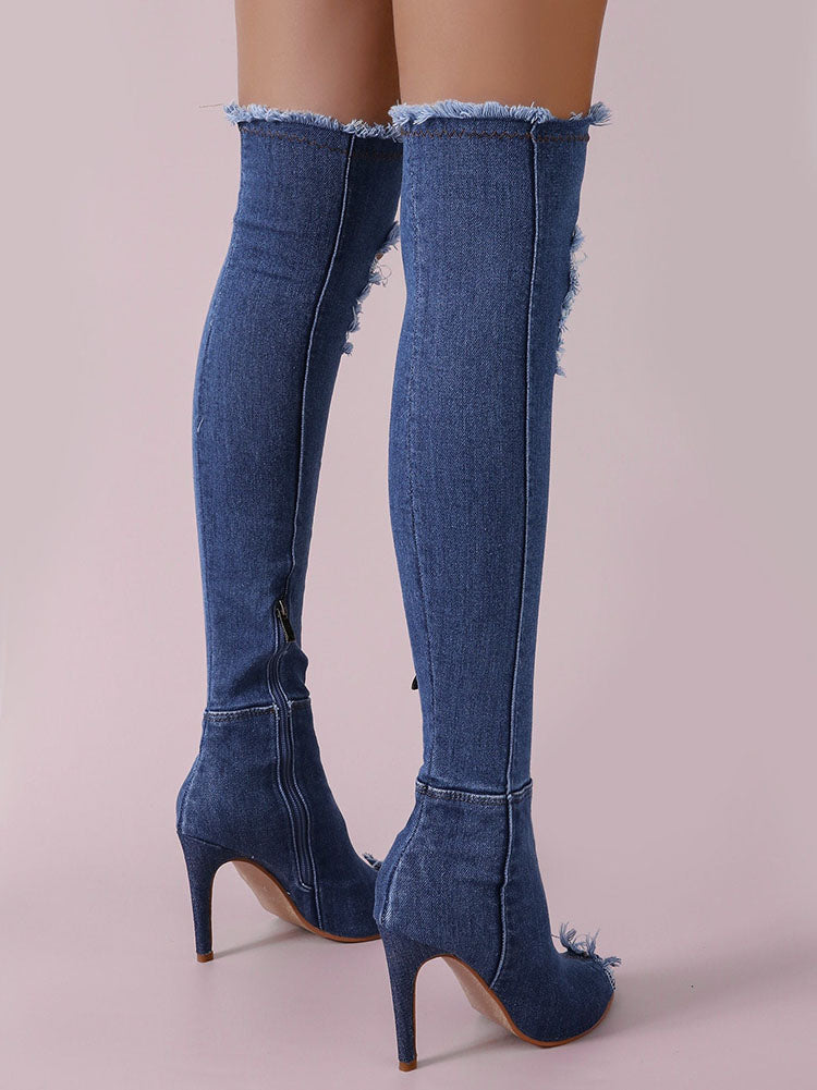 Peep Toe Over The Knee Denim Boots