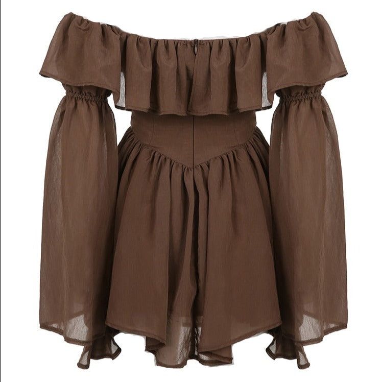 Milk Chocolate Vintage Ruffled Off Shoulder Midi Dress