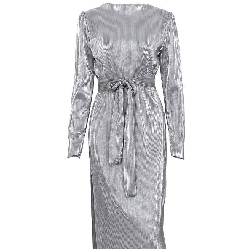 Liquid Silver Ribbed Long Sleeve Midi Dress