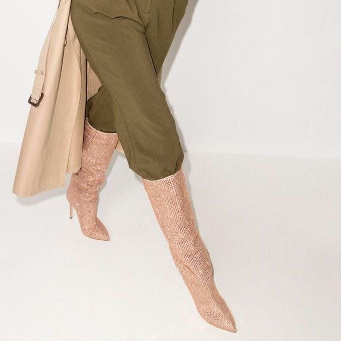Fashionista Glitter Rhinestone Knee-High Stilettos Boots