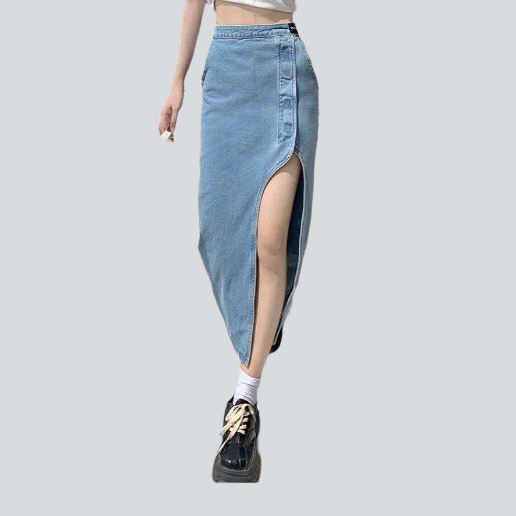 Wide slit women's denim skirt