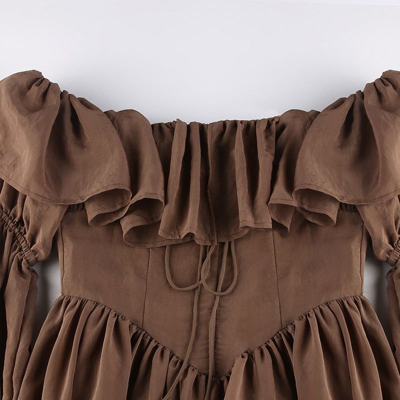 Milk Chocolate Vintage Ruffled Off Shoulder Midi Dress