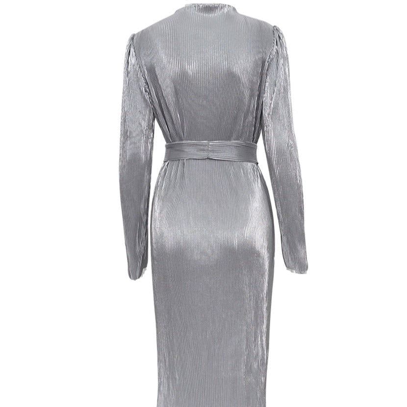 Liquid Silver Ribbed Long Sleeve Midi Dress