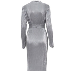 Liquid Silver Ribbed Long Sleeve Midi Dress