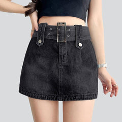 Wide belt mini denim skirt