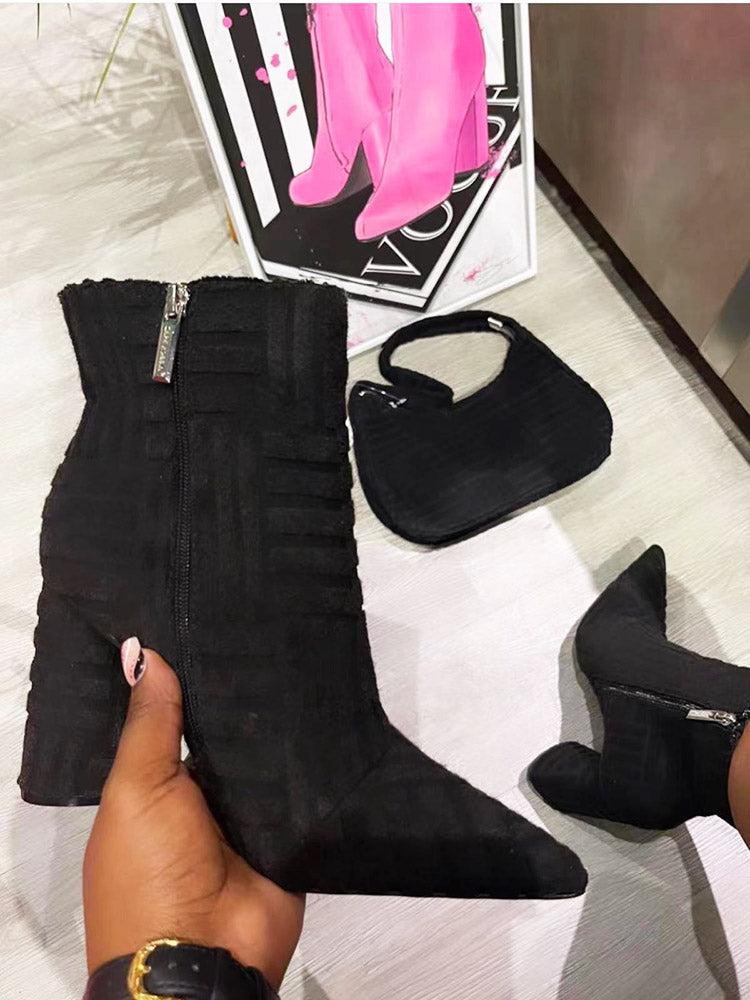 Towel Pointed Toe Chunky Heel Boots