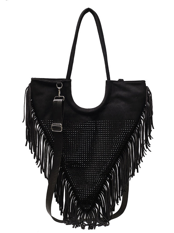 Rhinestone Decor Fringe Trim Shoulder Bag